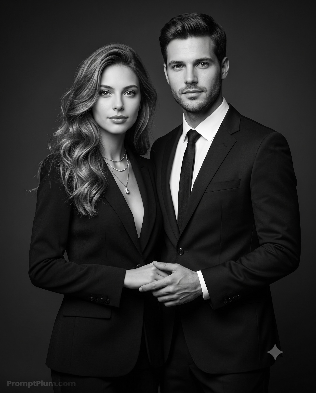 Ultra-realistic black-and-white luxury portrait of an elegant man and woman in formal black outfits standing together in a studio