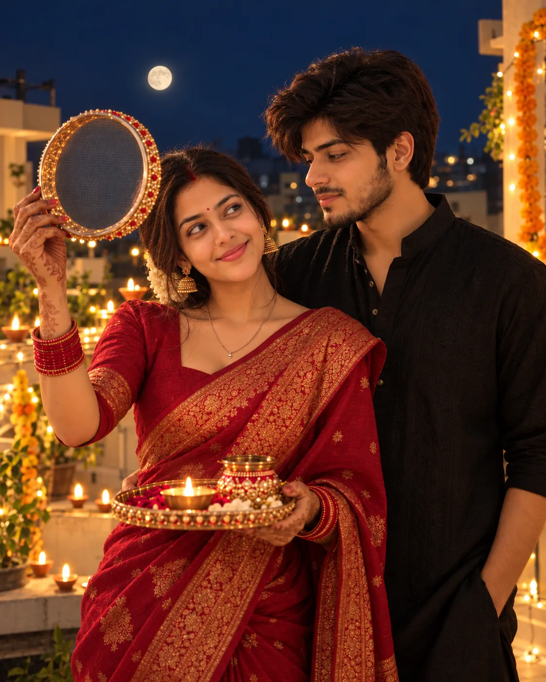 Romantic Karwa Chauth couple portrait of an Indian husband and wife celebrating under the full moon on a decorated rooftop