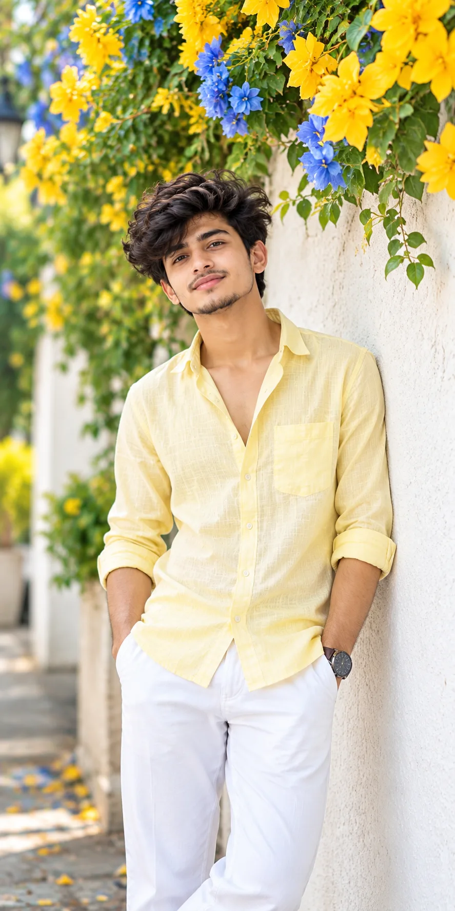Ultra-realistic young man in a light yellow shirt and white trousers leaning against a white wall surrounded by colorful yellow and blue flowers